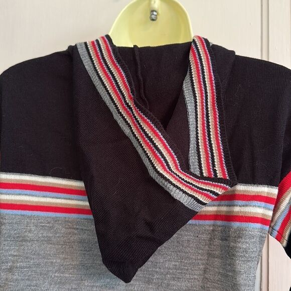 Vintage 70s Kmart striped black, red, gray & tan cream acrylic sweater with hood - Picture 9 of 9